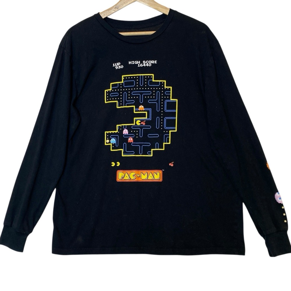 Pac-Man Graphic‎ Long Sleeve Tee Adult L Black Retro 80s Gamer Arcade Nostalgia